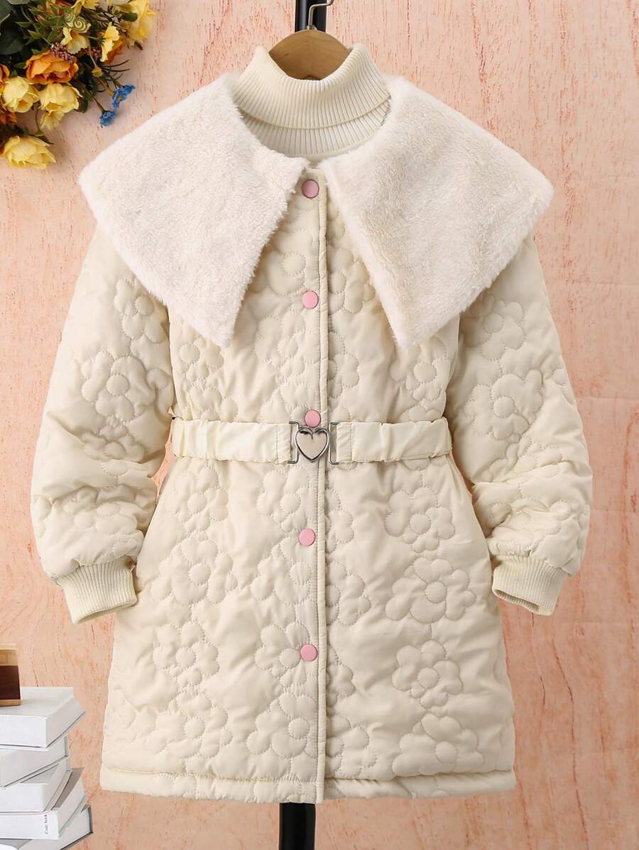 SHEIN Tween Girl 1pc Statement Collar Belted Quilted Coat - Beige - View 1