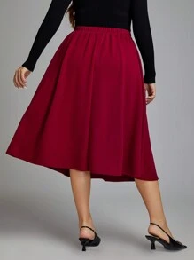 SHEIN Clasi 加鈕扣細節褶皺細節喇叭裙 - 紅色 - 查看 7