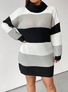 Flirla Plus Color Block Turtleneck Drop Shoulder Sweater Dress - Multicolor - View 6