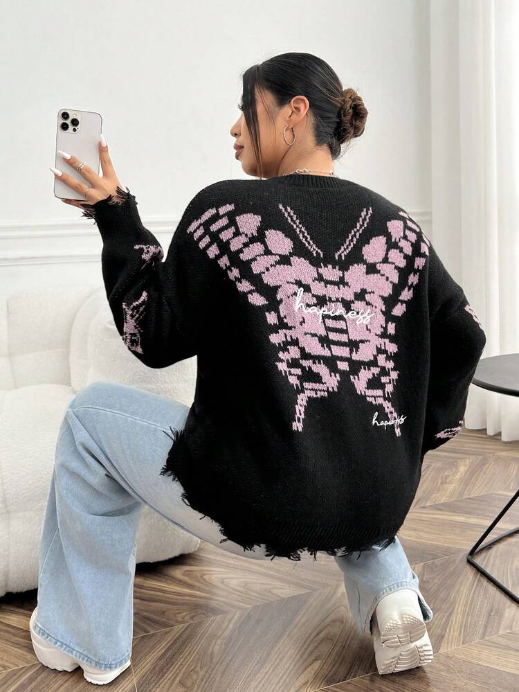 Plus Skeleton Pattern Drop Shoulder Distressed Sweater