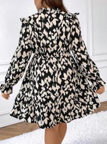 SHEIN Frenchy Plus Allover Print Tie Neck Flounce Sleeve Ruffle Trim Dress Without Belt