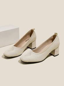 Round Toe Knitted High Heeled Pumps - Beige - View 1