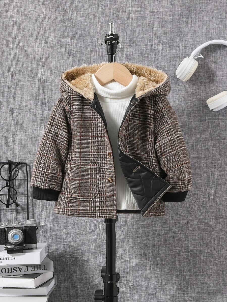 SHEIN 嬰兒男孩1入組格子毛絨襯裡連帽毛織品外套 - 彩色 - 查看 1