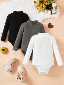 SHEIN Baby Girl 3pcs Mock Neck Ribbed Knit Bodysuit - Black and White - View 1