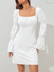 Soleia Solid Square Neck Flounce Sleeve Ruched Bust Dress - White - View 3