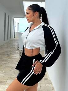 SHEIN SXY 條紋圖案側插肩袖抽繩下擺短夾克&包臀半身裙 - 黑與白 - 查看 4