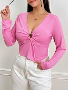 SHEIN EZwear Hơn Vòng trái tim liên kết Áo phông Crop - Hồng - Xem 5