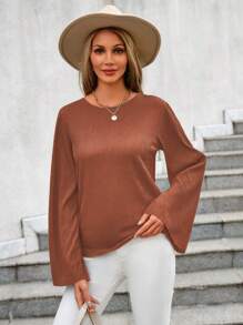 EURMUSE Solid Trumpet Sleeve Blouse - Rust Brown - View 4
