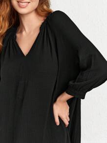 Đường viền cổ có rãnh Tay Raglan Hem cao thấp Đầm giản dị - màu đen - Xem 3