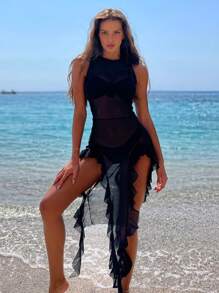 Swim Chiccia 荷葉邊不對稱下擺網布罩衫洋裝 - 黑色 - 查看 1