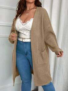 SHEIN LUNE Hơn Thả vai Vá Túi Áo len Duster - Màu Khaki - Xem 3