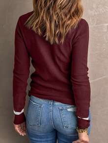 CILKOO 拼接邊圓領套頭毛衣 - 酒紅色 - 查看 2