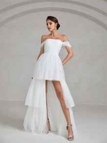 Off Shoulder Layer Hem Mesh Wedding Dress - White - View 5