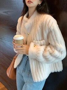 Wool Solid Button Front Fuzzy Coat - White - View 1