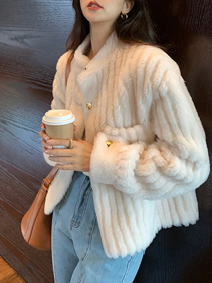 Wool Solid Button Front Fuzzy Coat - White - View 1