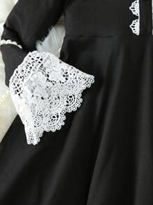 SHEIN 女大童撞色蕾絲喇叭袖洋裝 - 黑色 - 查看 3