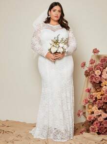 SHEIN Belle Plus Solid Lace Wedding Dress Without Veil - White - View 2