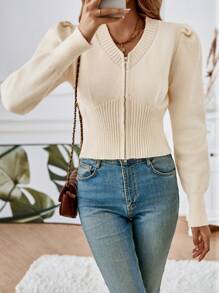 SHEIN Privé 泡泡袖拉鏈開襟開襟衫 - 白色 - 查看 3