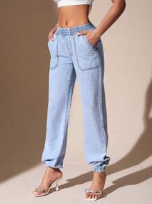 SHEIN BAE 口袋純色女士牛仔褲