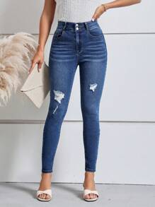 SHEIN LUNE 破洞緊身牛仔褲 - 深色水洗藍 - 查看 1