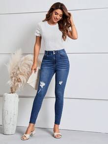 SHEIN LUNE 破洞緊身牛仔褲 - 深色水洗藍 - 查看 5