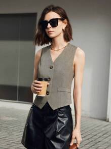 BizChic Blazer chaleco con botón delantero - Marrón - Ver 5