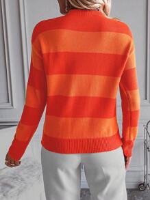 SHEIN LUNE Colorblock Drop Shoulder Knit Pullover Fall Winter Sweater - Burnt Orange - View 2