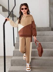 Tween Girl Color Block Drop Shoulder Hoodie & Sweatpants - Khaki - View 4