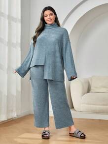 Mulvari Plus Turtleneck Drop Shoulder Split Hem Tee & Pants - Blue - View 1