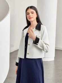 Seusyu Contrast Collar Button Front Jacket - Beige - View 1