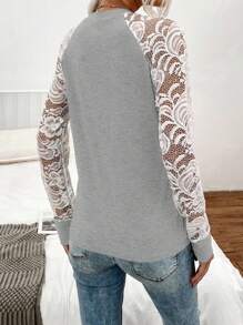 EMERY ROSE Áo tay áo Raglan có ren tương phản - Xám - Xem 2