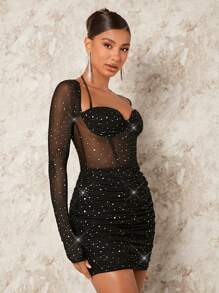 SHEIN BAE 後背繫帶褶邊亮片網紗緊身洋裝 - 黑色 - 查看 4