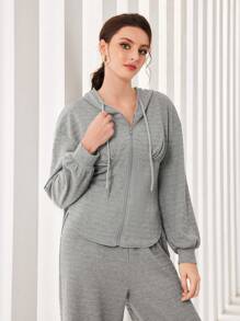 Seusyu Conjunto de 2 piezas con capucha con hombros caídos y cordón y pantalones de pierna ancha - Gris - Ver 6