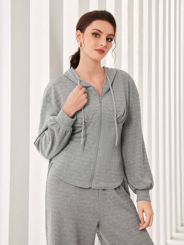 Drop Shoulder Drawstring Hoodie & Wide Leg Pants 2 Piece Set Fall Cloth For Women