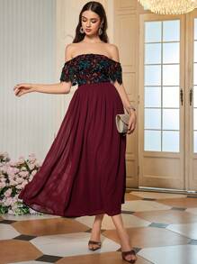 SHEIN Belle Burgundy Red Off Shoulder Contrast Sequin A-Line Dress - Burgundy - View 1
