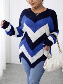 Calvaya 大碼V 形拼色落肩不對稱下擺毛衣 - 彩色 - 查看 4