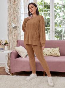 SHEIN LUNE 大碼落肩袖袋鼠口袋上衣和緊身褲 - 棕色 - 查看 6