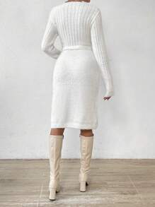 SHEIN Privé Surplice Neck Belted Sweater Dress - White - View 2