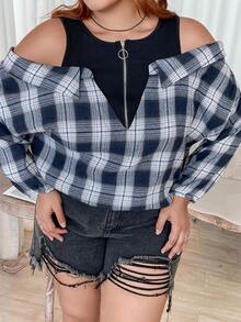 SHEIN CURVE+ 大碼格紋印花落肩袖假兩件襯衫 - 藍白色 - 查看 5