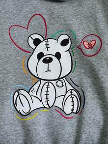 SHEIN Qutie 加大码卡通图案袋鼠口袋抽绳保暖内衬卫衣 - 灰色 - 查看 5