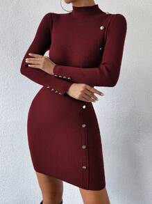 Celisse Mock Neck Button Detail Bodycon Sweater Dress Fall Winter Cloth For Women - Burgundy - View 4