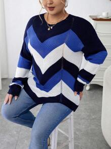 Calvaya 大碼V 形拼色落肩不對稱下擺毛衣 - 彩色 - 查看 3