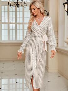 SHEIN Clasi Flounce Sleeve Knot Side Wrap Hem Sequin Dress - Apricot - View 3