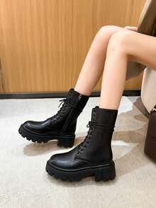 女式時尚增高底露扣連帽摩托車靴,韓國風格pu皮革舒適柔軟中筒靴 - 黑色 - 查看 1