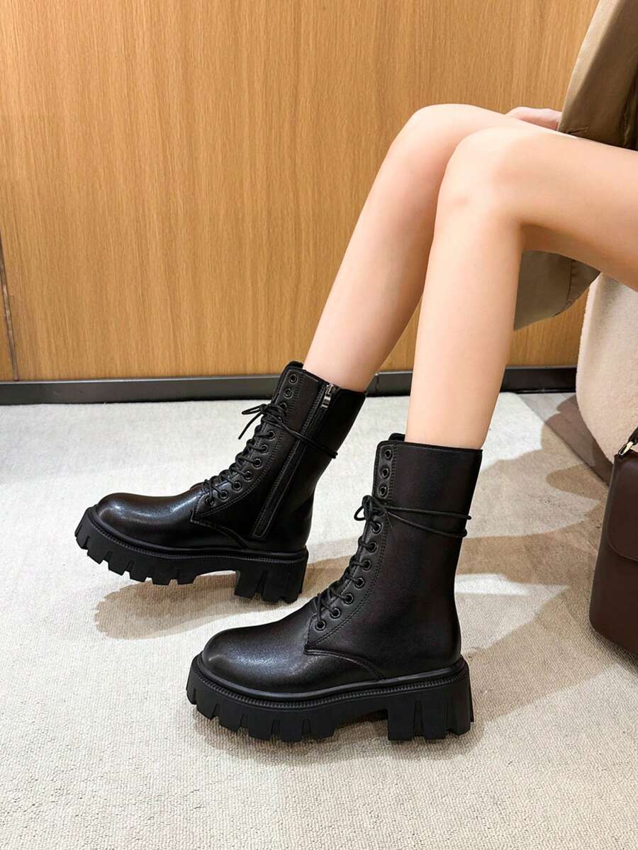 女式時尚增高底露扣連帽摩托車靴,韓國風格pu皮革舒適柔軟中筒靴 - 黑色 - 查看 1