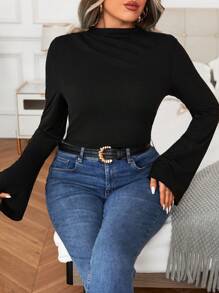 Celure Plus Mock Neck Trumpet Sleeve Ruched Tee - Black - View 7