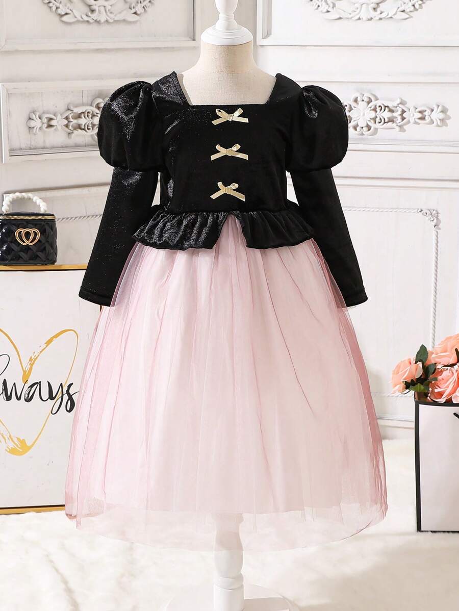 SHEIN Váy dự tiệc nhung và vải tuyn thanh lịch cho bé gái, Thu/Đông - Nhiều màu - Xem 1