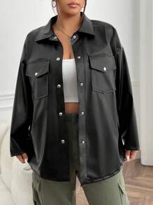 SHEIN EZwear Talla grande Abrigo con bolsillo con solapa de hombros caídos PU - Negro - Ver 1