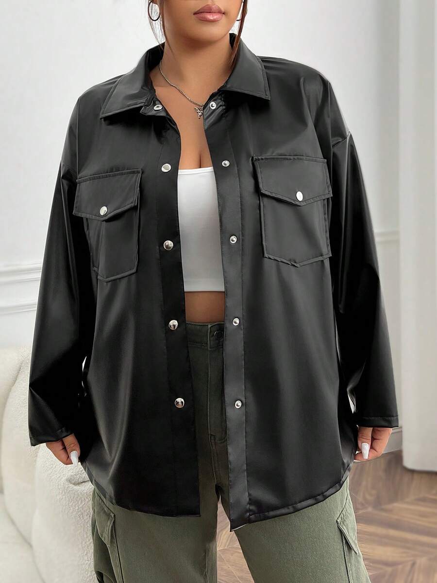 SHEIN EZwear Talla grande Abrigo con bolsillo con solapa de hombros caídos PU - Negro - Ver 1