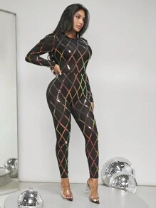SHEIN SXY Sequin Detail Sheer Mesh Unitard Jumpsuit - Black - View 3